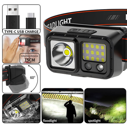 Motion Sensor Waterproof IP44 LED Headlamp 5 Modes 6000K Daylight 100-200LM Rechargeable for Outdoor Camping Hiking HP-02