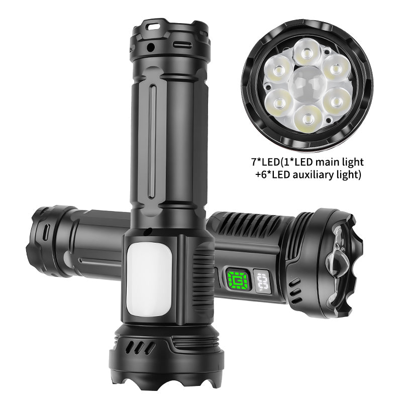 Digital Display Type-c Rechargeable Attack Head Flashlights with Side Light for Emergency Camping Torch Light
