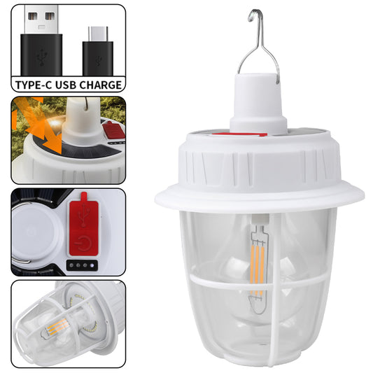 Solar USB Rechargeable Camping Lantern Portable Outdoor Tent Light with Hook Emergency Lights for Hiking Fishing Hunting