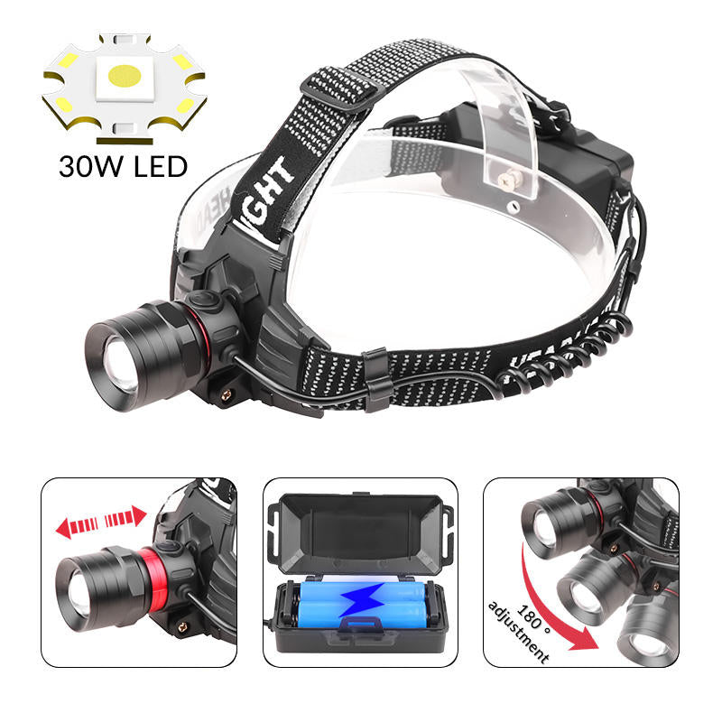 1000lumen 30W Outdoor Headlamp 1000m Long Range SOS 4 Mode Telescopic Zoom Portable LED for Fishing Working Headlight 8015