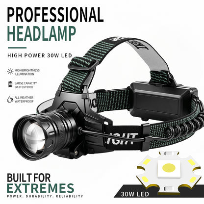 30w LED Rechargeable Telescopic Zoom Led Flashlight Head Lamp 800lm Outdoor Hunting Torch Light 90° Headlamp Portable Lantern T807
