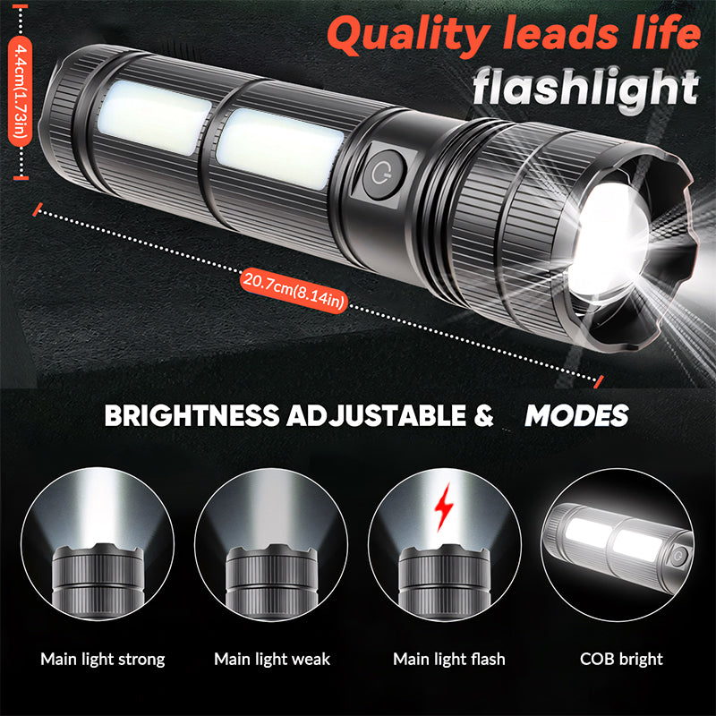 Zoomable 30W LED Flashlight Rechargeable Aluminum Alloy Tactical Torch with COB Side Lamp Camping USB C 1793