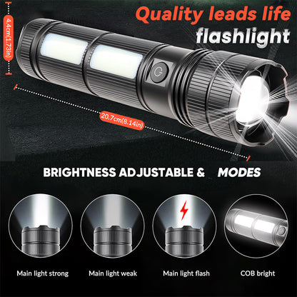 Zoomable 30W LED Flashlight Rechargeable Aluminum Alloy Tactical Torch with COB Side Lamp Camping USB C 1793