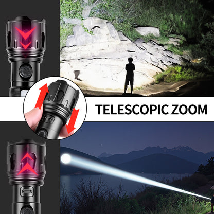 High Power 30W LED Tactical Flashlight with RGB Side Light Telescopic Zoom USB Rechargeable for Outdoor Use