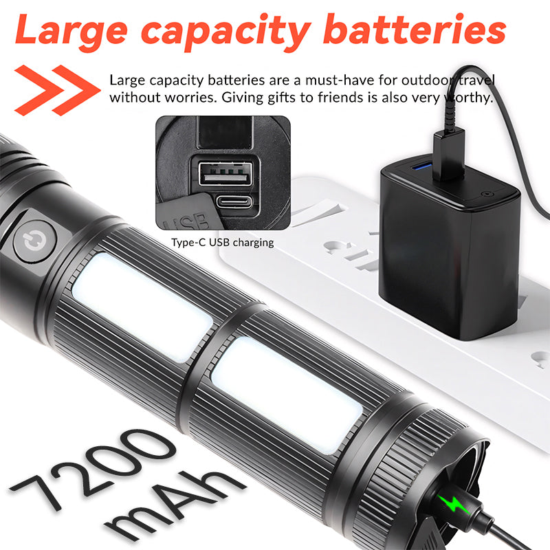 Zoomable 30W LED Flashlight Rechargeable Aluminum Alloy Tactical Torch with COB Side Lamp Camping USB C 1793