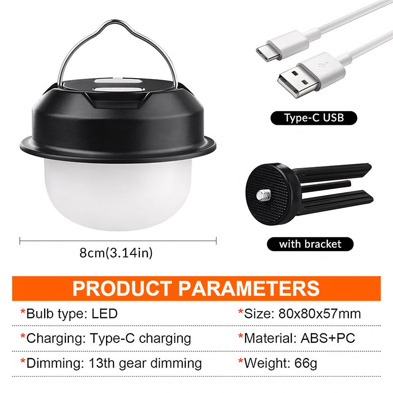 Multifunctional Camping Lantern 15 LED 6000K Daylight IP44 Rated USB C Rechargeable Tripod Stand Hanging Dimmable CE Certified DH30