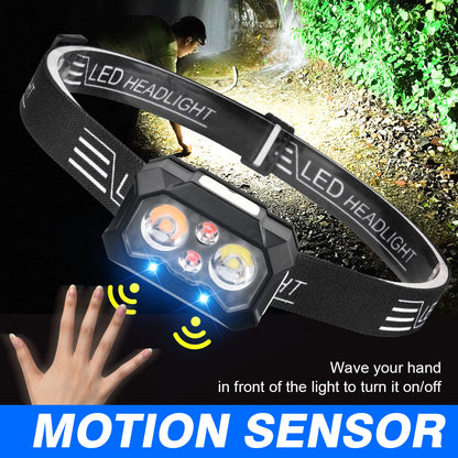 Multifunctional Headlamp 2 LED White Warm Red Light Motion 90° Adjustable USB C Rechargeable Sensor Headlamp DH10