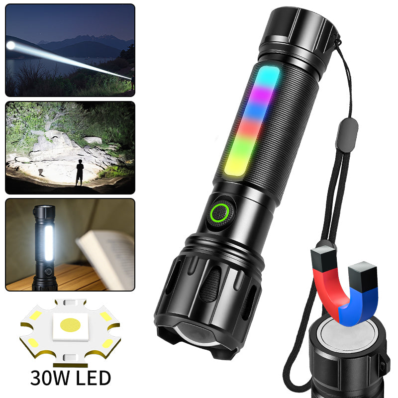 High Power 30W LED Tactical Flashlight with RGB Side Light Telescopic Zoom USB Rechargeable for Outdoor Use