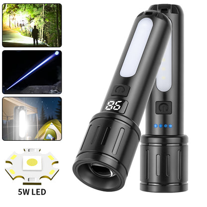 LED Flashlight Telescopic Zoom Dual Color Side Lights Fast Charge Aluminum Alloy Waterproof Outdoor Camping Emergency Light