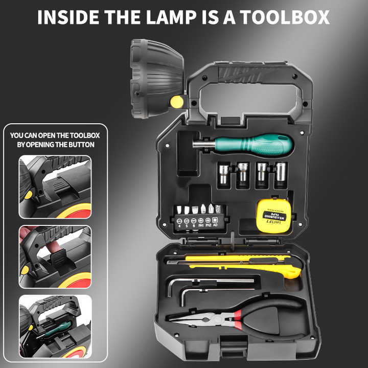 Portable Solar Flashlight USB Rechargeable Auto Repair Torch Built-in Screwdriver, Tape Measure, Hardware Emergency Set of Tools