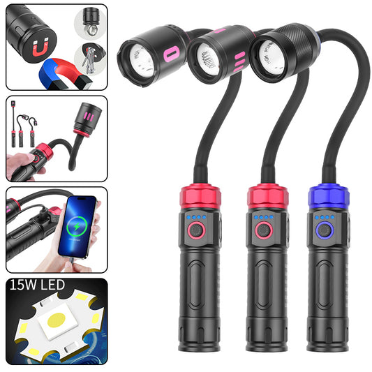 Outdoor LED Work Light Flexible Gooseneck Flashlight with Strong Magnet Type-C Rechargeable Torch for Camping BBQ Lamp
