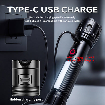 High Power 30W LED Tactical Flashlight with RGB Side Light Telescopic Zoom USB Rechargeable for Outdoor Use