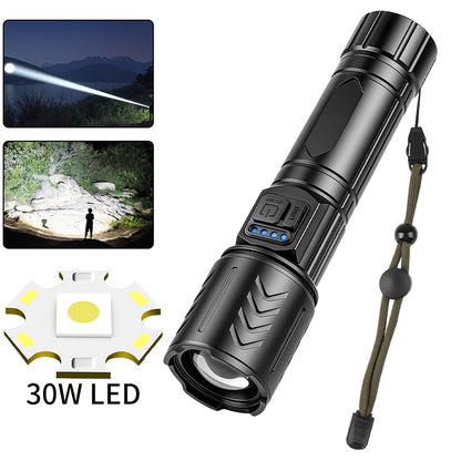 Zoomable Aluminum Alloy 30W LED Flashlight 1000LM USB Rechargeable Fluorescent Stripes Tactical Torch with Digital Display 1113