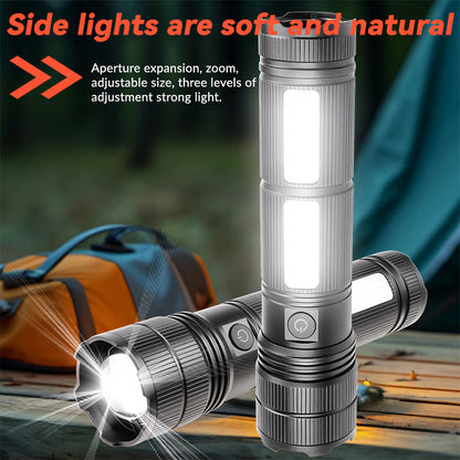Zoomable 30W LED Flashlight Rechargeable Aluminum Alloy Tactical Torch with COB Side Lamp Camping USB C 1793