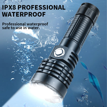 XHP70 Zoomable Diving Flashlight Super Bright LED Rechargeable IP44 Waterproof 3 Modes for Camping Hiking D500