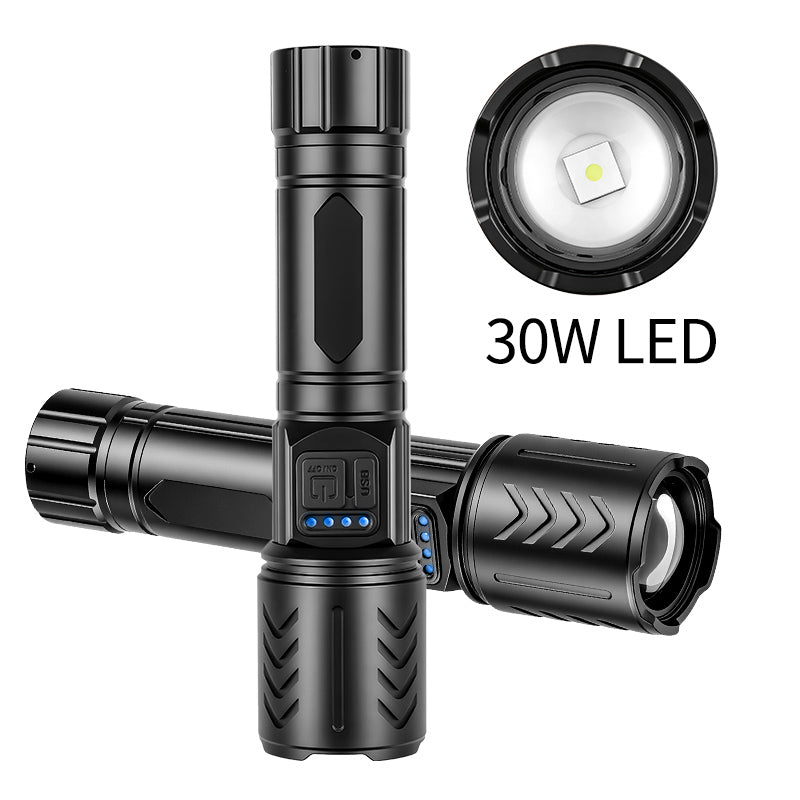 Zoomable Aluminum Alloy 30W LED Flashlight 1000LM USB Rechargeable Fluorescent Stripes Tactical Torch with Digital Display 1113