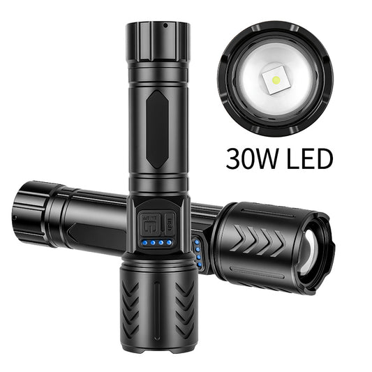 Zoomable Aluminum Alloy 30W LED Flashlight 1000LM USB Rechargeable Fluorescent Stripes Tactical Torch with Digital Display 1113
