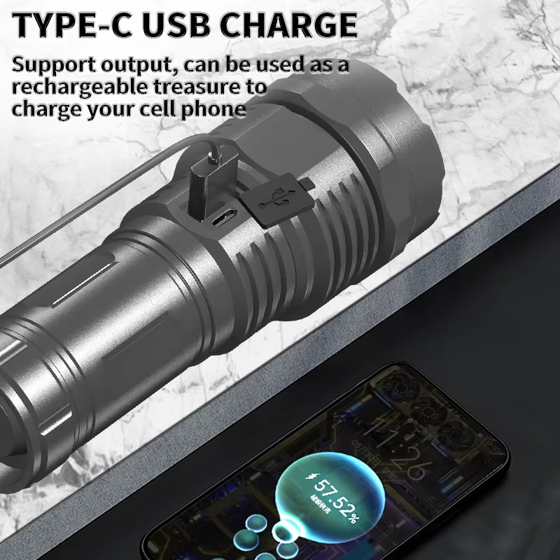 Portable T40 LED Dual Switch Flashlight USB Type-C Rechargeable Flashllamp Waterproof Outdoor Camping Flashlights 7519