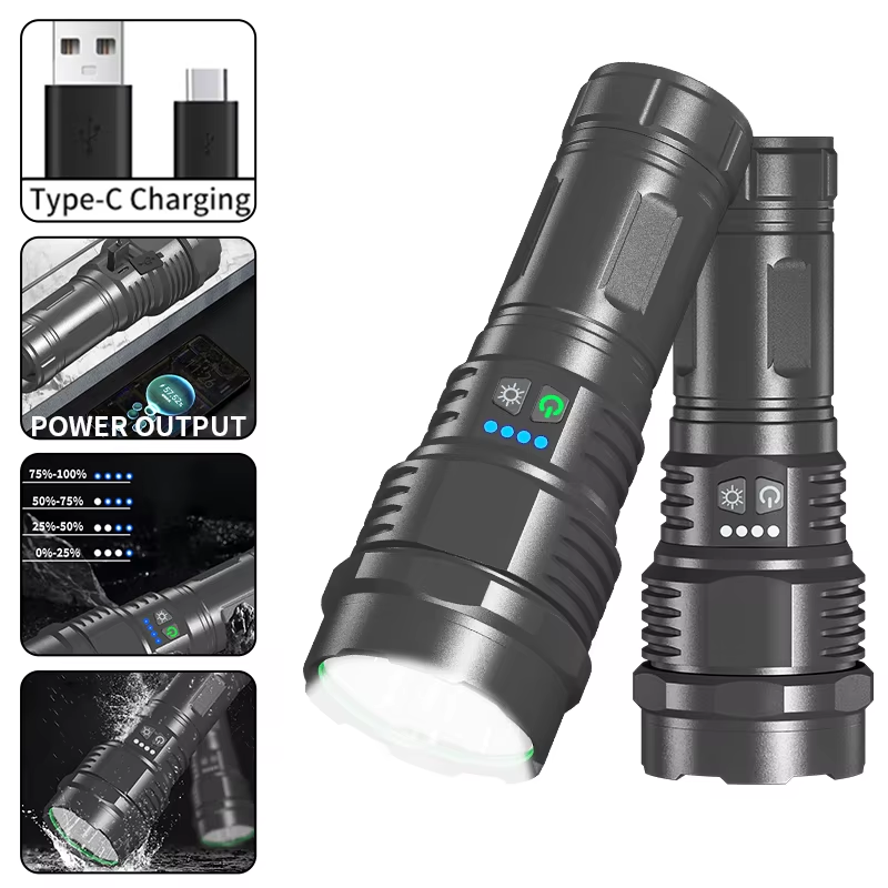 Portable T40 LED Dual Switch Flashlight USB Type-C Rechargeable Flashllamp Waterproof Outdoor Camping Flashlights 7519
