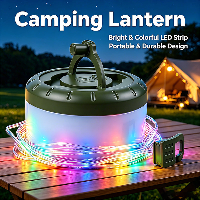 Camping Lantern with 8M Colorful LED String Lights 1800mAh Rechargeable Tent Light RGB Hanging Lantern for Camping Party HT-300