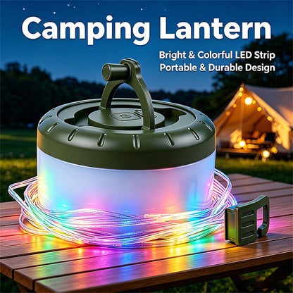 Camping Lantern with 8M Colorful LED String Lights 1800mAh Rechargeable Tent Light RGB Hanging Lantern for Camping Party HT-300