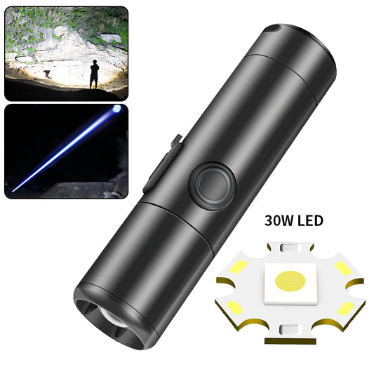 Long Range Small Flashlight 30W LED Telescopic Zoom 1200Lumen Torch IPX4 Lengthenable Stepless Dimming Flashlight