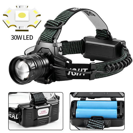 30w LED Rechargeable Telescopic Zoom Led Flashlight Head Lamp 800lm Outdoor Hunting Torch Light 90° Headlamp Portable Lantern T807
