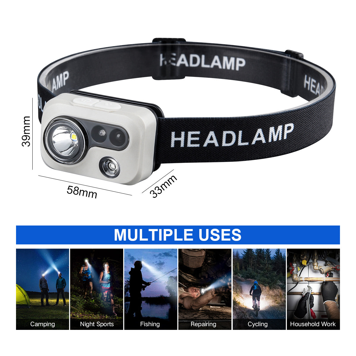 Rechargeable Headlight 400LM White Light 90° Adjustable USB-Type C Lightweight for Night and Outdoor Activities Sensor Headlamp DH02