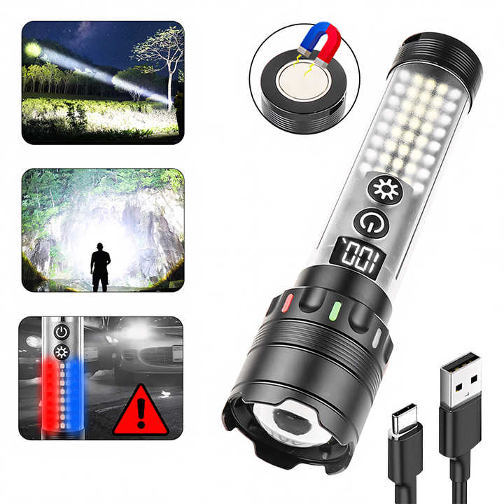 Powerful LED Flashlight And Digital Display - Rechargeable Type-C Convenient Flashlight For Camping And Hiking