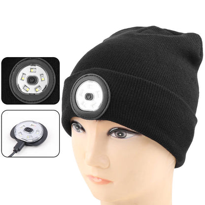 LED White Red Blue Light Dual Use Hat and Headlight 3 Modes Type-c USB Charging Headlight Warning Sports Knitted Hat Lamp 5829