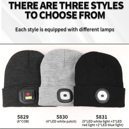LED White Red Blue Light Dual Use Hat and Headlight 3 Modes Type-c USB Charging Headlight Warning Sports Knitted Hat Lamp 5829