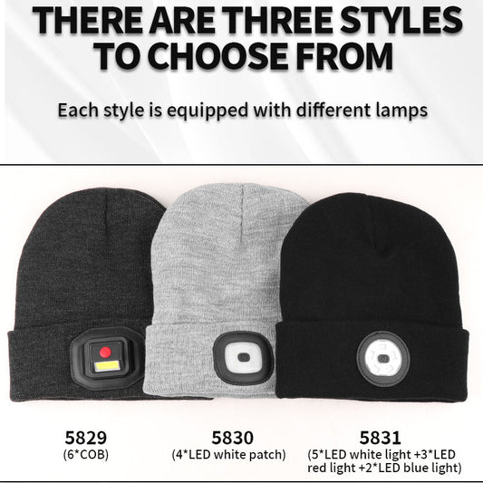 LED White Red Blue Light Dual Use Hat and Headlight 3 Modes Type-c USB Charging Headlight Warning Sports Knitted Hat Lamp 5829
