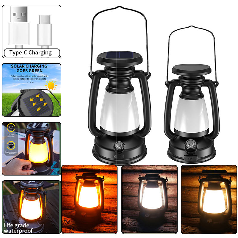 USB Rechargeable Camping Lantern Stepless Dimming of Cold and Warm Light Outdoor Tent Lamp with Solar Charging Camping Light LY16A