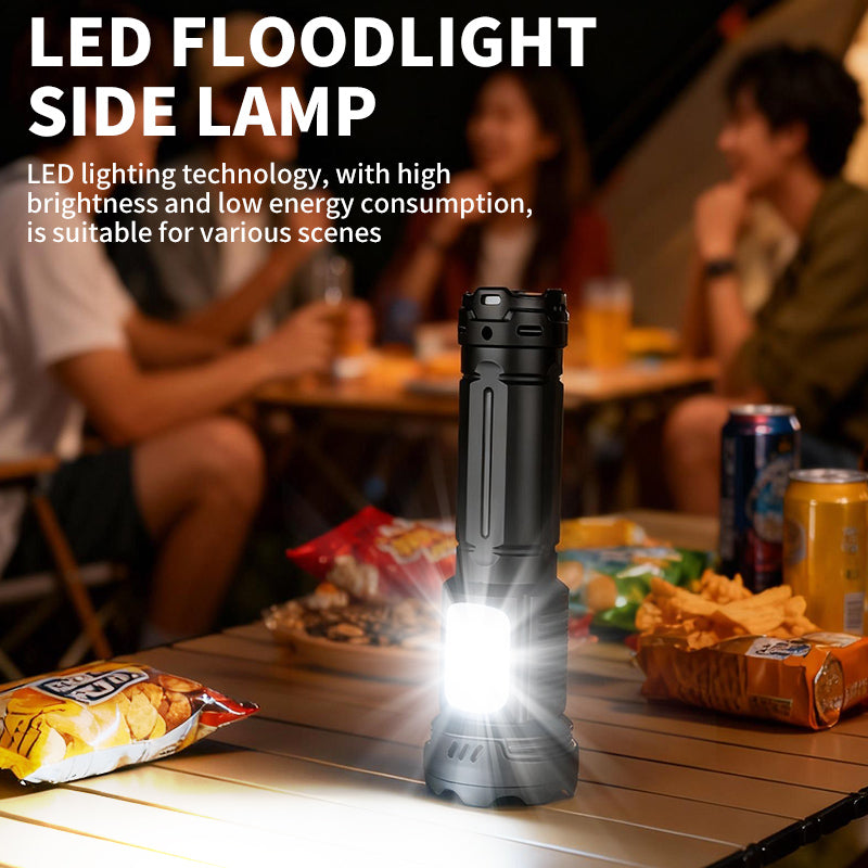 Digital Display Type-c Rechargeable Attack Head Flashlights with Side Light for Emergency Camping Torch Light