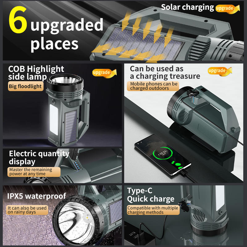 Portable USB Rechargeable LED Searchlight Solar Powered Long Range Tactical Torch for Outdoor Use Flashlight Portable Spotlights ST808