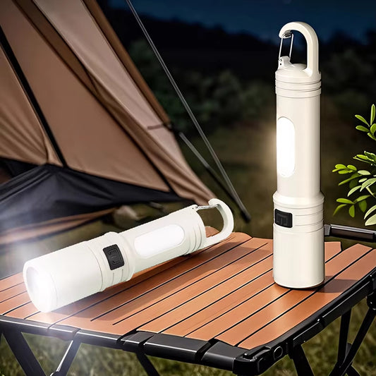 Strong and ultra bright long-range flashlight with adjustable zoom and multiple levels of focus, floodlight, and long-range las