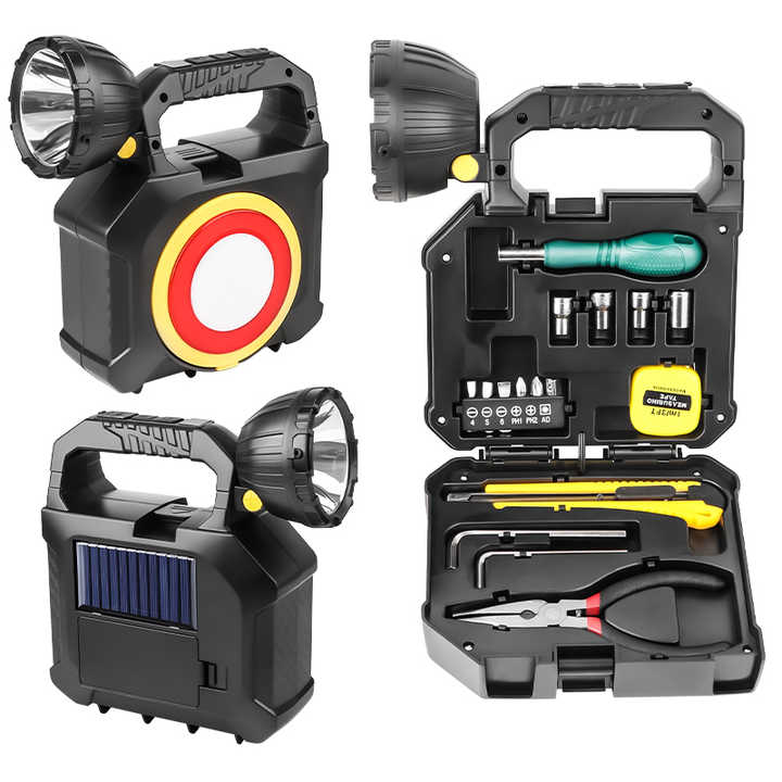 Portable Solar Flashlight USB Rechargeable Auto Repair Torch Built-in Screwdriver, Tape Measure, Hardware Emergency Set of Tools