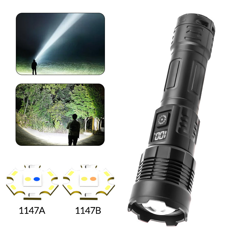 Super Powerful Ultra Long Range Flashlight Dual Source Yellow Blue Flashlight Large Capacity Torch Digital Display Rechargeable