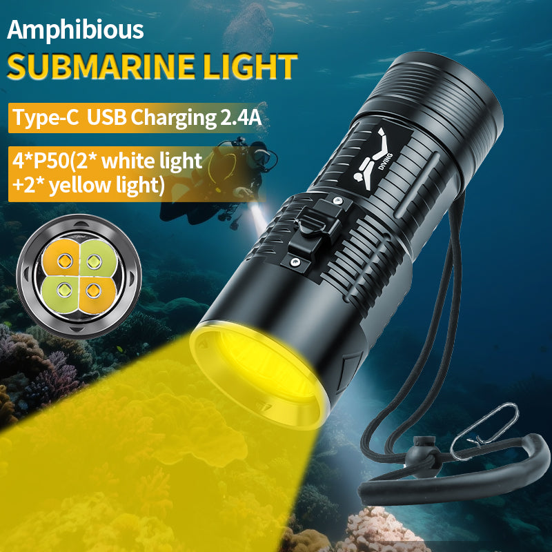 Powerful XHP50 LED Diving Flashlight Professional Underwater Torch 18650 Battery IPX8 Waterproof Torch with Hand Rope