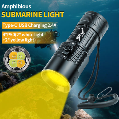 Powerful XHP50 LED Diving Flashlight Professional Underwater Torch 18650 Battery IPX8 Waterproof Torch with Hand Rope