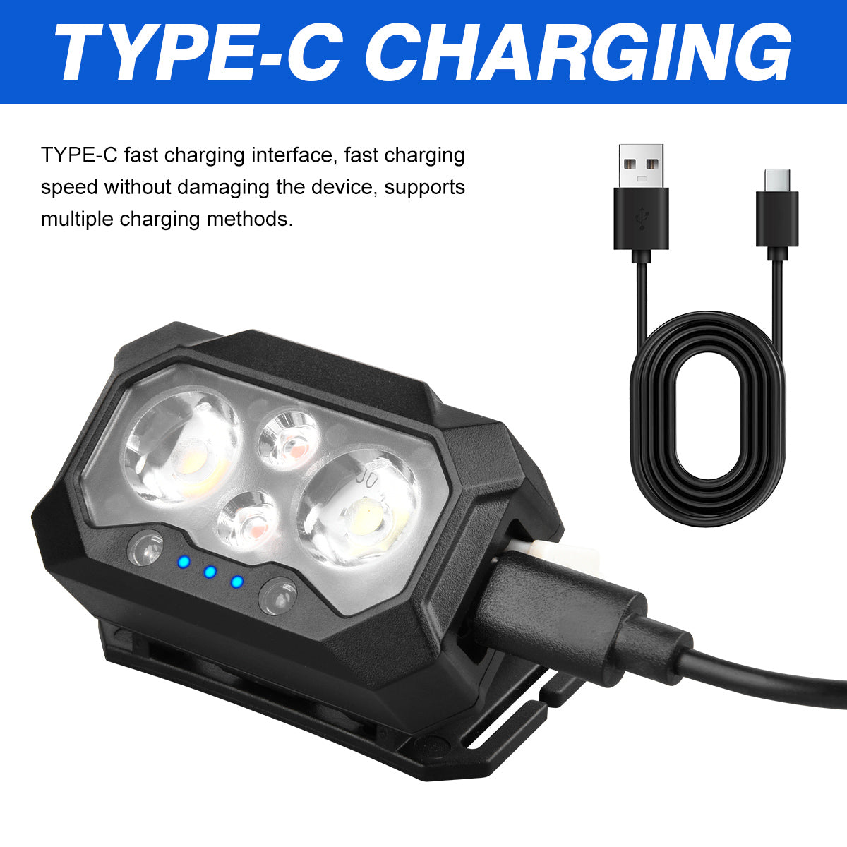 Multifunctional Headlamp 2 LED White Warm Red Light Motion 90° Adjustable USB C Rechargeable Sensor Headlamp DH10