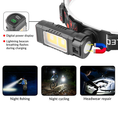 Strong Light COB LED Digital Power Display Headlight Tail Magnet 360° Rotation Headlight Waterproof IPX4 Mini Work Lighting