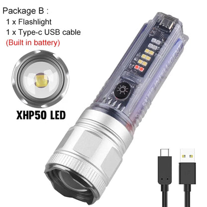 Mini Flashlight XHP50/30W LED 1000LM 1200M Range UV Light Built-in Battery Solar Rechargeable Torch Telescopic Zoom Lamp