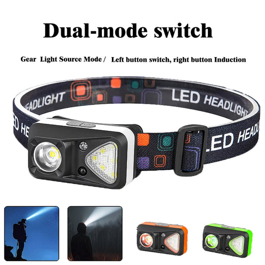 Mini sensor LED headlights, USB charging, dual-mode switch built-in battery, waterproof for camping, fishing adventures
