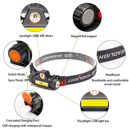 Portable Mini Powerful LED Headlamp XPE+COB USB Rechargeable Hunting Headlight Waterproof Head Torch with Tail Magnetic