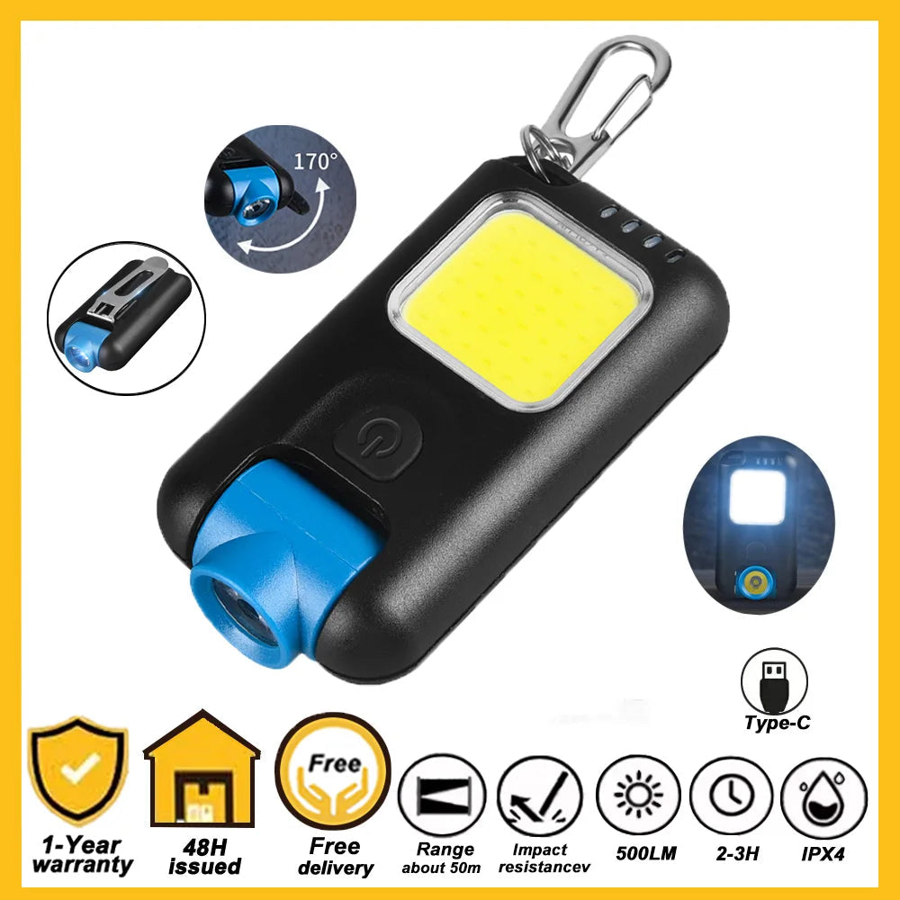 Mini EDC Keychain Flashlight TYPE-C Rechargeable Torch Portable Work Cap Light Tiki Fishing Camping Head Flashlight COB CL11
