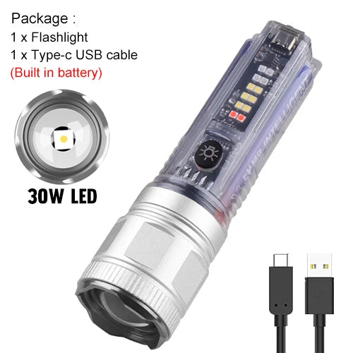 Mini Flashlight XHP50/30W LED 1000LM 1200M Range UV Light Built-in Battery Solar Rechargeable Torch Telescopic Zoom Lamp