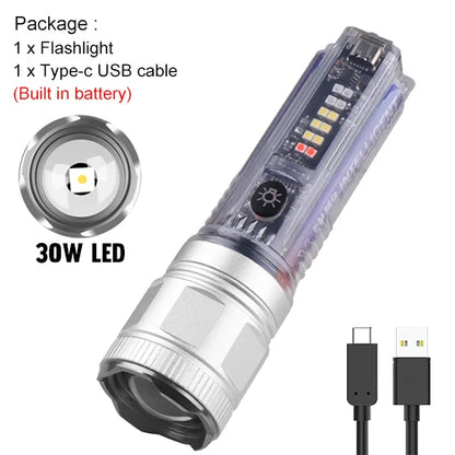 Mini Flashlight XHP50/30W LED 1000LM 1200M Range UV Light Built-in Battery Solar Rechargeable Torch Telescopic Zoom Lamp