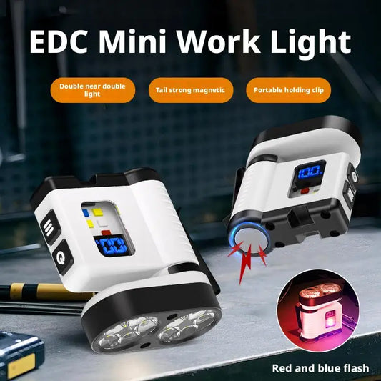 10LED Mini Flashlight with USB Charging Digital Display Red/Blue Warning Portable Magnetic Work Light for Outdoor Use