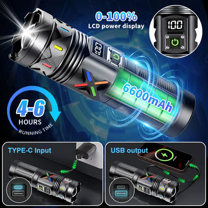 High Power Rechargeable LED Tactical Flashlight 6600MAH Aluminum Alloy Telescopic Zoom Torch Lamp for Outdoor Camping Fishing
